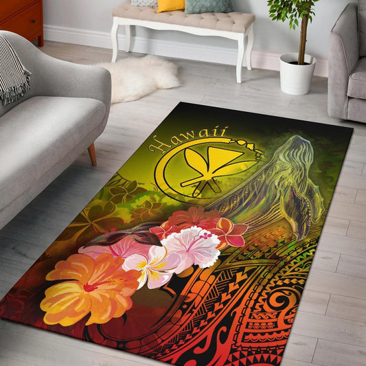 Polynesian Hawaii Area Rugs - Kanaka Maoli Humpback Whale with Tropical Flowers (Yellow)