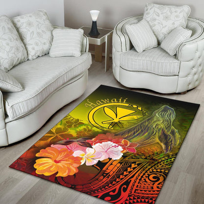 Polynesian Hawaii Area Rugs - Kanaka Maoli Humpback Whale with Tropical Flowers (Yellow)