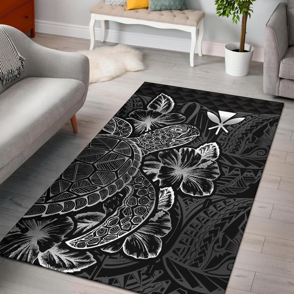 Polynesian Hawaii Area Rugs Turtle Hibiscus Black