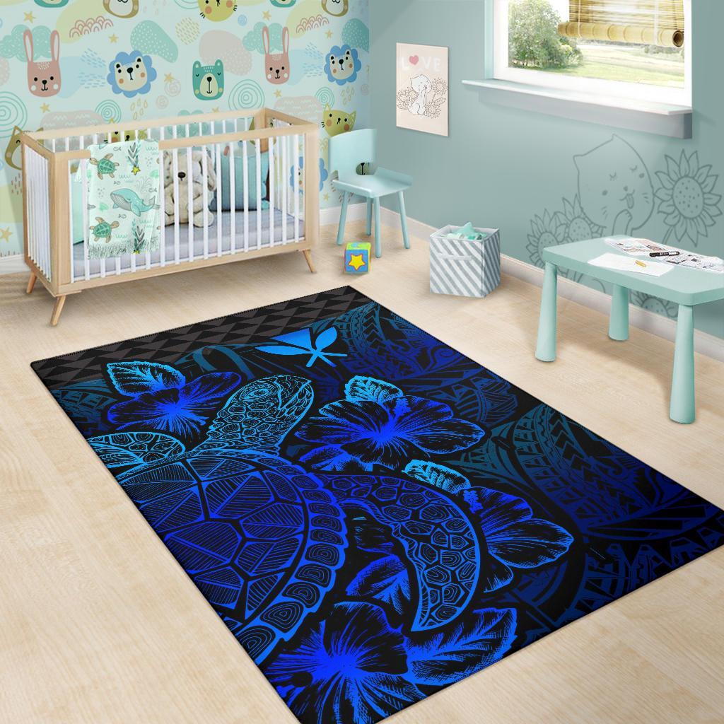Polynesian Hawaii Area Rugs Turtle Hibiscus Blue