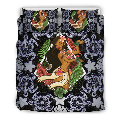 Polynesian Hawaii Duvet Cover Set - Hawaiian Girl Silver