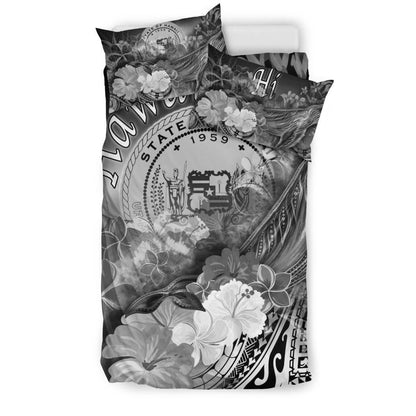 Polynesian Hawaii Bedding Set - Humpback Whale With Tropical Flowers (White)