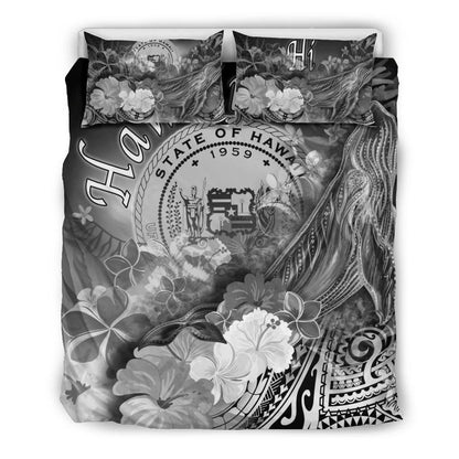 Polynesian Hawaii Bedding Set - Humpback Whale With Tropical Flowers (White)
