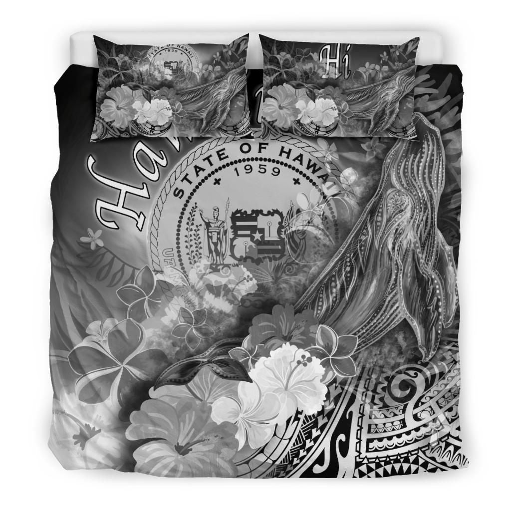 Polynesian Hawaii Bedding Set - Humpback Whale With Tropical Flowers (White)