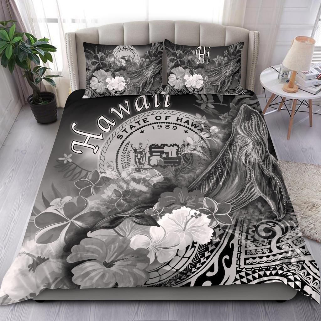 Polynesian Hawaii Bedding Set - Humpback Whale With Tropical Flowers (White)