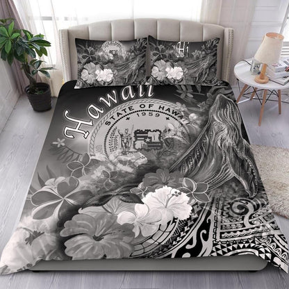 Polynesian Hawaii Bedding Set - Humpback Whale With Tropical Flowers (White)