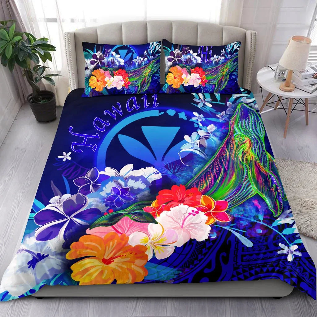 Polynesian Hawaii Bedding Set - Kanaka Maoli Humpback Whale With Tropical Flowers (Blue)