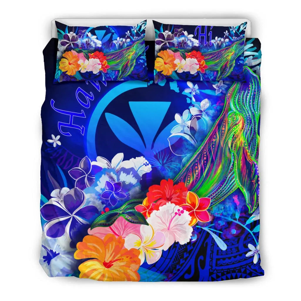 Polynesian Hawaii Bedding Set - Kanaka Maoli Humpback Whale With Tropical Flowers (Blue)
