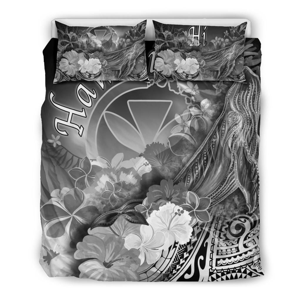 Polynesian Hawaii Bedding Set - Kanaka Maoli Humpback Whale With Tropical Flowers (White)