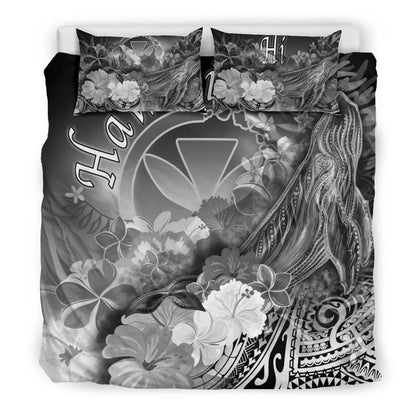 Polynesian Hawaii Bedding Set - Kanaka Maoli Humpback Whale With Tropical Flowers (White)