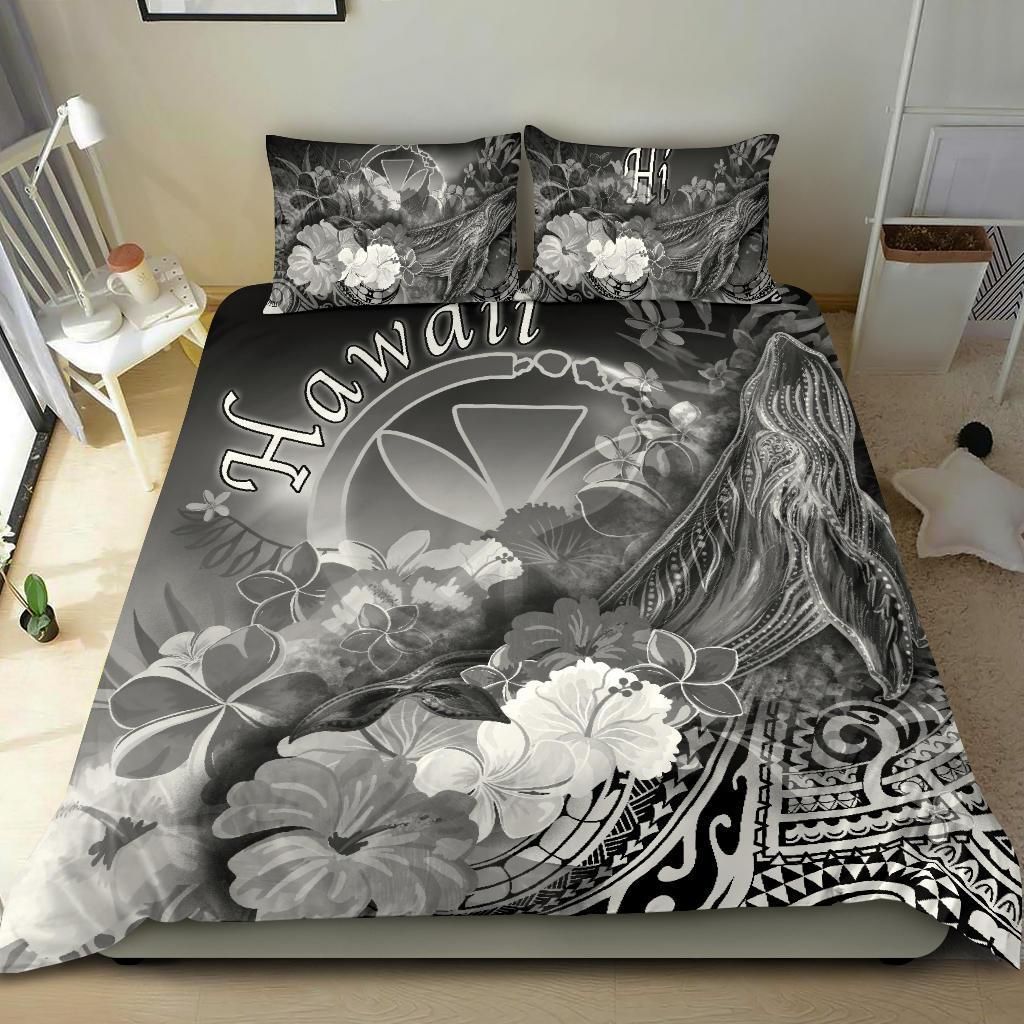 Polynesian Hawaii Bedding Set - Kanaka Maoli Humpback Whale With Tropical Flowers (White)