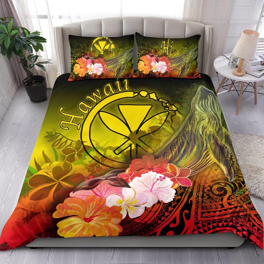 Polynesian Hawaii Bedding Set - Kanaka Maoli Humpback Whale With Tropical Flowers (Yellow)