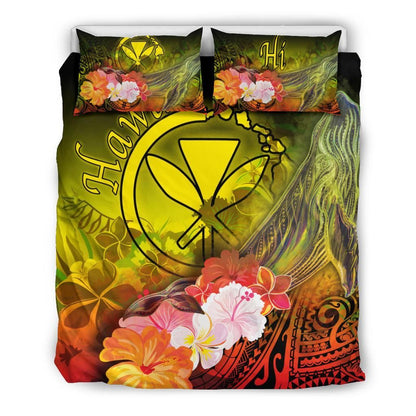 Polynesian Hawaii Bedding Set - Kanaka Maoli Humpback Whale With Tropical Flowers (Yellow)
