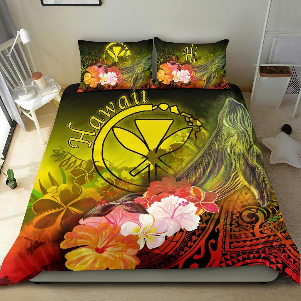 Polynesian Hawaii Bedding Set - Kanaka Maoli Humpback Whale With Tropical Flowers (Yellow)