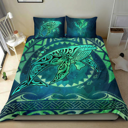 Polynesian Hawaii Bedding Set - Whale Hawaii Map Green Galaxy