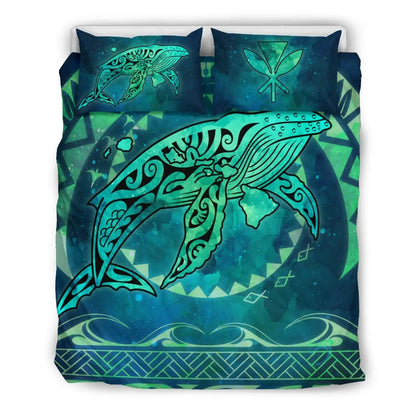 Polynesian Hawaii Bedding Set - Whale Hawaii Map Green Galaxy