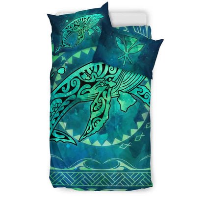 Polynesian Hawaii Bedding Set - Whale Hawaii Map Green Galaxy