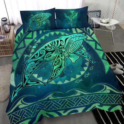 Polynesian Hawaii Bedding Set - Whale Hawaii Map Green Galaxy