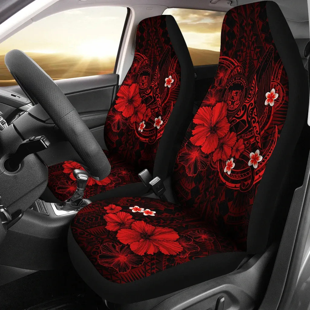 Polynesian Hawaii Car Seat Covers - Humpback Whale with Hibiscus (Red)