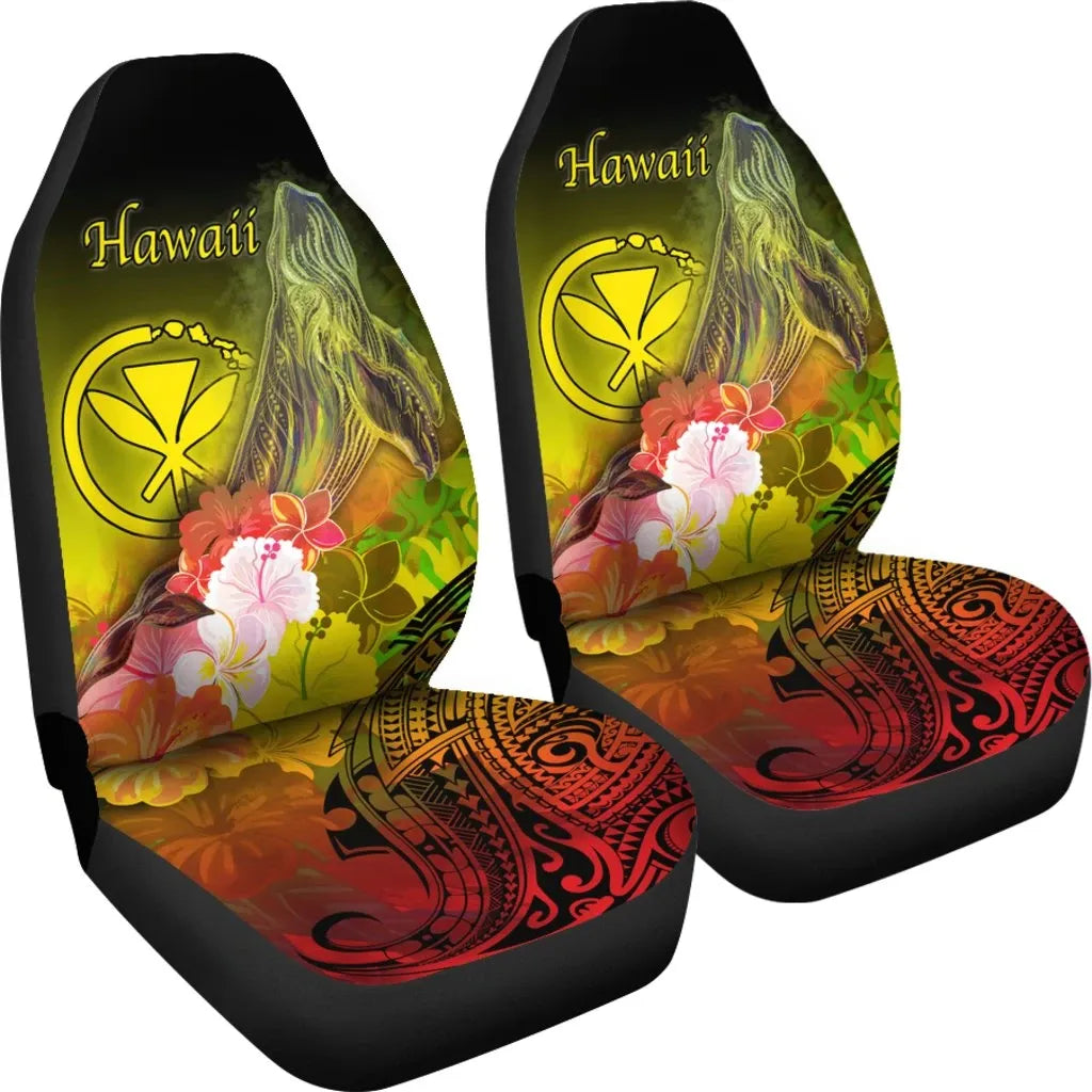 Polynesian Hawaii Car Seat Covers - Kanaka Maoli Humpback Whale with Tropical Flowers (Yellow)
