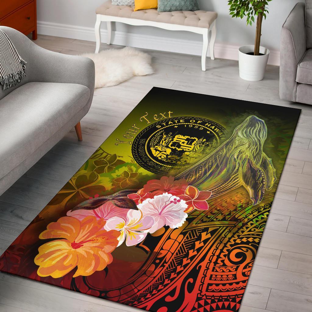 Polynesian Hawaii Custom Personalised Area Rug - Humpback Whale with Tropical Flowers (Yellow)