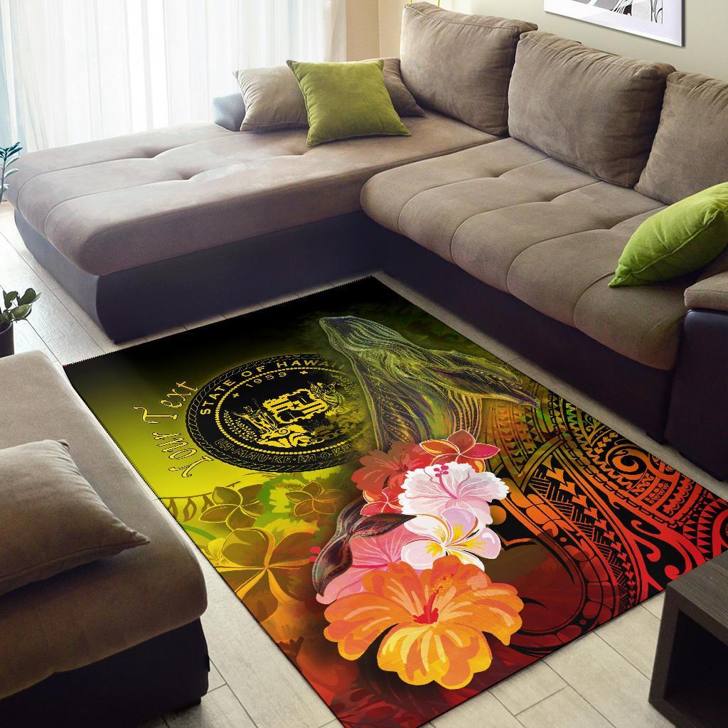 Polynesian Hawaii Custom Personalised Area Rug - Humpback Whale with Tropical Flowers (Yellow)