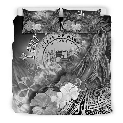 Polynesian Hawaii Custom Personalised Bedding Set - Humpback Whale With Tropical Flowers (White)