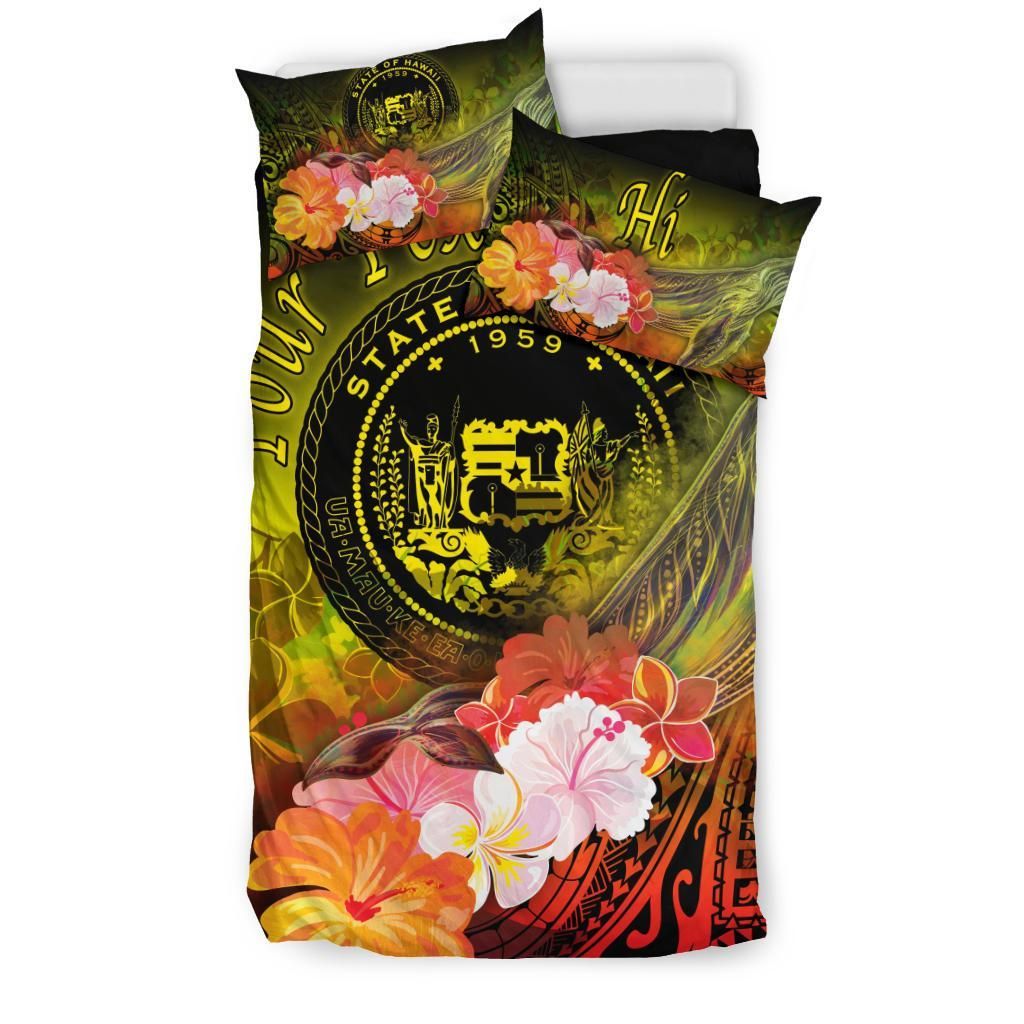 Polynesian Hawaii Custom Personalised Bedding Set - Humpback Whale With Tropical Flowers (Yellow)