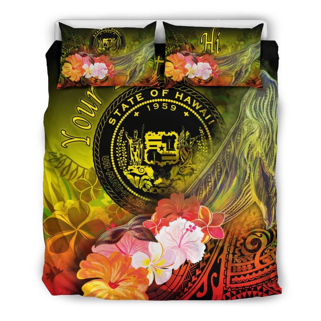 Polynesian Hawaii Custom Personalised Bedding Set - Humpback Whale With Tropical Flowers (Yellow)