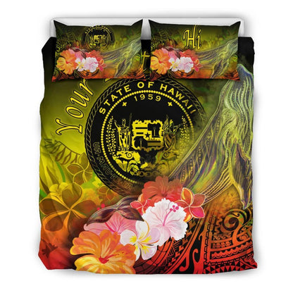 Polynesian Hawaii Custom Personalised Bedding Set - Humpback Whale With Tropical Flowers (Yellow)
