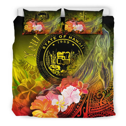 Polynesian Hawaii Custom Personalised Bedding Set - Humpback Whale With Tropical Flowers (Yellow)