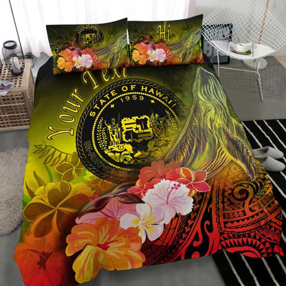Polynesian Hawaii Custom Personalised Bedding Set - Humpback Whale With Tropical Flowers (Yellow)