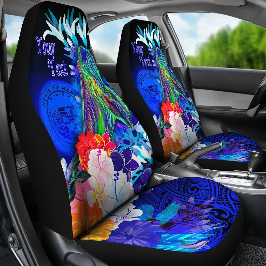 Polynesian Hawaii Custom Personalised Car Seat Covers - Humpback Whale with Tropical Flowers (Blue)