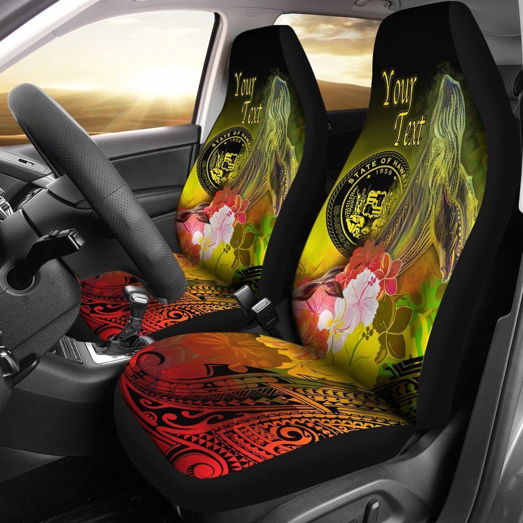 Polynesian Hawaii Custom Personalised Car Seat Covers - Humpback Whale with Tropical Flowers (Yellow)