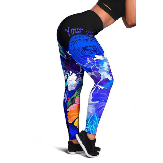 Polynesian Hawaii Custom Personalised Legging - Humpback Whale with Tropical Flowers (Blue)