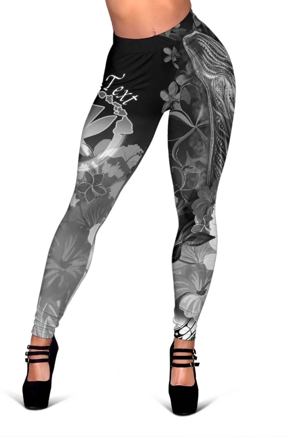 Polynesian Hawaii Custom Personalised Legging - Kanaka Maoli  Humpback Whale with Tropical Flowers (White)