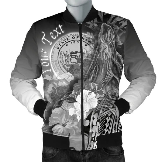 Polynesian Hawaii Custom Personalised Bomber Jacket - Humpback Whale with Tropical Flowers (White)