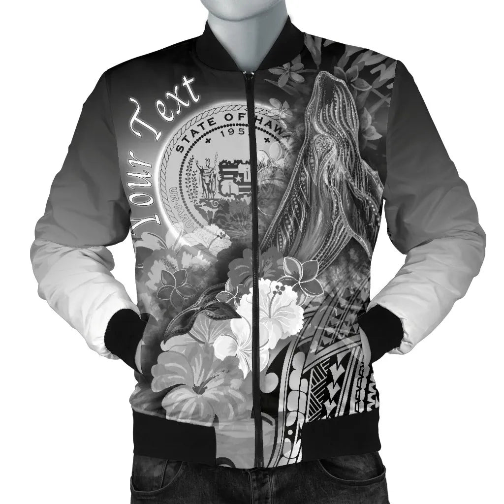 Polynesian Hawaii Custom Personalised Bomber Jacket - Humpback Whale with Tropical Flowers (White)