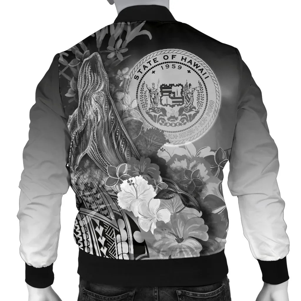 Polynesian Hawaii Custom Personalised Bomber Jacket - Humpback Whale with Tropical Flowers (White)