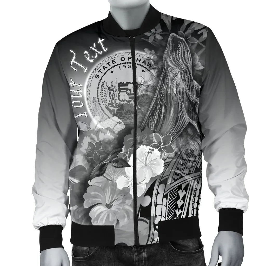 Polynesian Hawaii Custom Personalised Bomber Jacket - Humpback Whale with Tropical Flowers (White)
