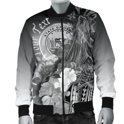 Polynesian Hawaii Custom Personalised Bomber Jacket - Humpback Whale with Tropical Flowers (White)