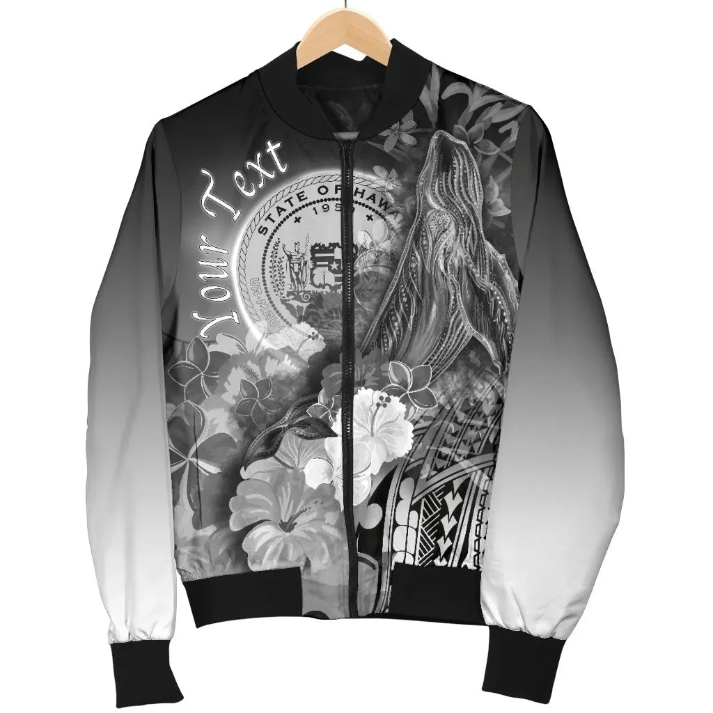 Polynesian Hawaii Custom Personalised Bomber Jacket - Humpback Whale with Tropical Flowers (White)