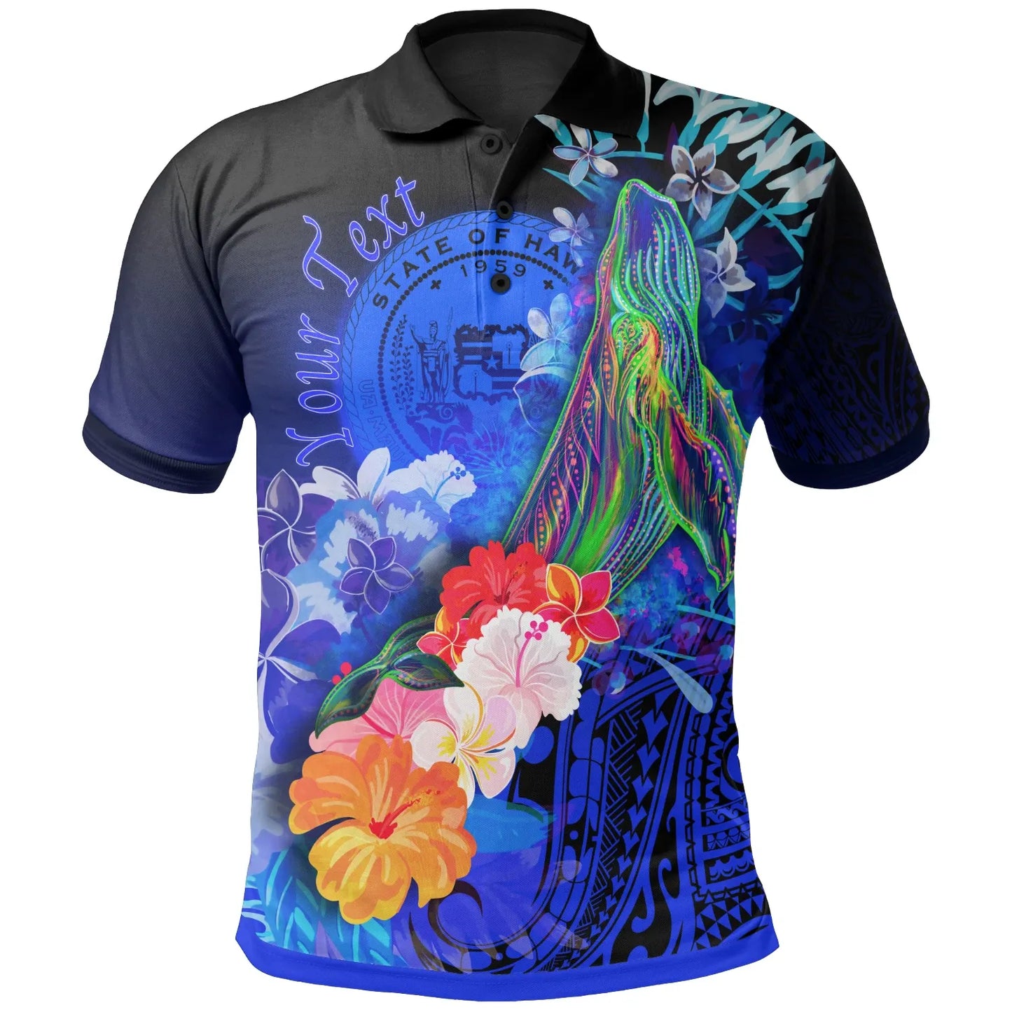 Polynesian Hawaii Custom Personalised Polo Shirts - Humpback Whale with Tropical Flowers (Blue)