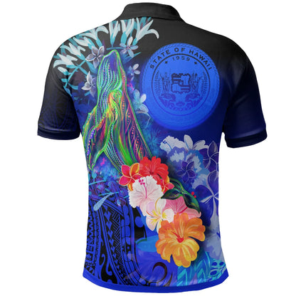 Polynesian Hawaii Custom Personalised Polo Shirts - Humpback Whale with Tropical Flowers (Blue)