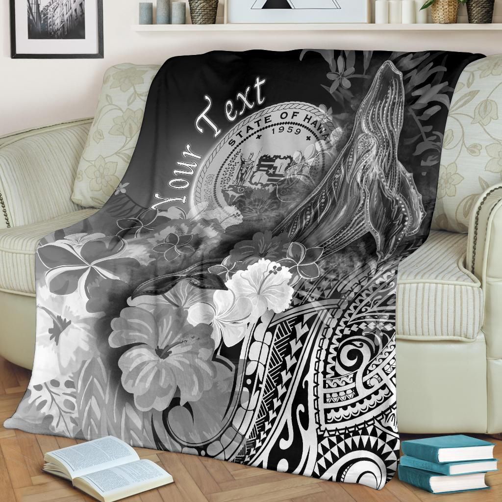 Polynesian Hawaii Custom Personalised Premium Blanket - Humpback Whale with Tropical Flowers (White)