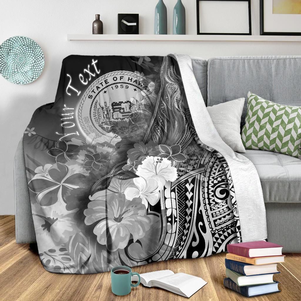 Polynesian Hawaii Custom Personalised Premium Blanket - Humpback Whale with Tropical Flowers (White)