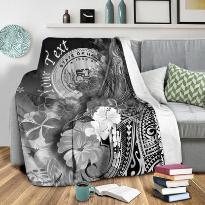 Polynesian Hawaii Custom Personalised Premium Blanket - Humpback Whale with Tropical Flowers (White)