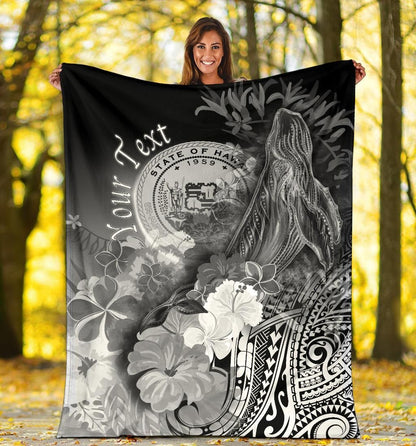 Polynesian Hawaii Custom Personalised Premium Blanket - Humpback Whale with Tropical Flowers (White)