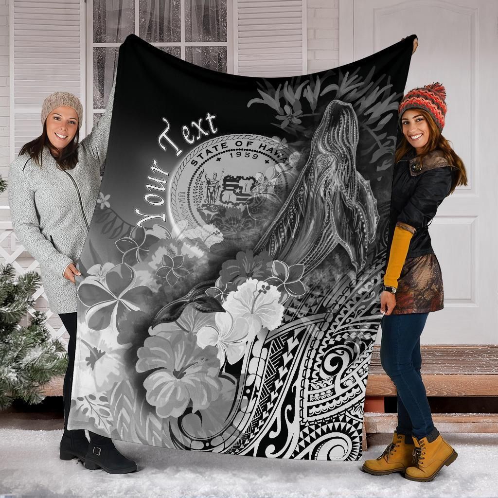 Polynesian Hawaii Custom Personalised Premium Blanket - Humpback Whale with Tropical Flowers (White)