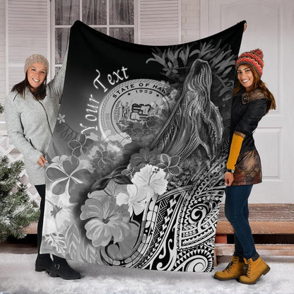 Polynesian Hawaii Custom Personalised Premium Blanket - Humpback Whale with Tropical Flowers (White)